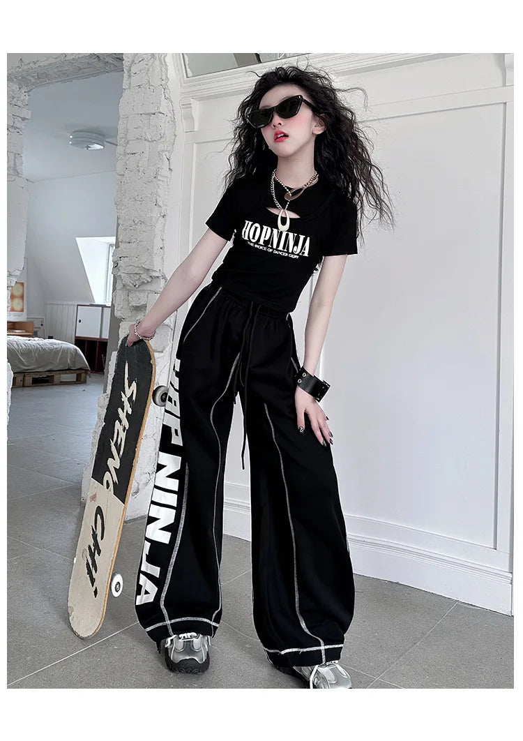 Summer teen girl Hip Hop Jazz Street Dance Costume Suit Cool Print Hollow Short T-shirt+Casual Sports Pants Set Child Outfits