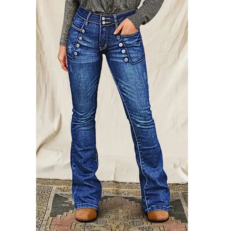 European and American women's jeans with trendy high street button design slim fit and slimming temperament micro flared pants