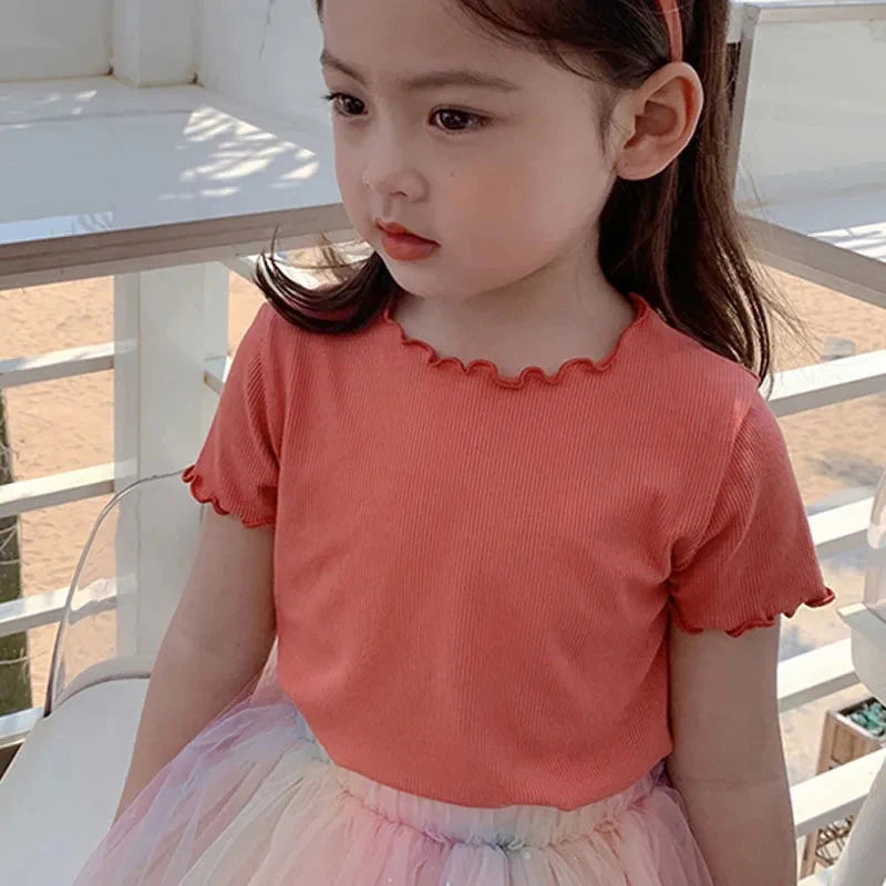 Baby Girls T-Shirt Summer Kids Short Sleeve Tops Tees Soft Ice Silk Fabric Toddler Solid Color Shirts Children's Clothing 1-10Y