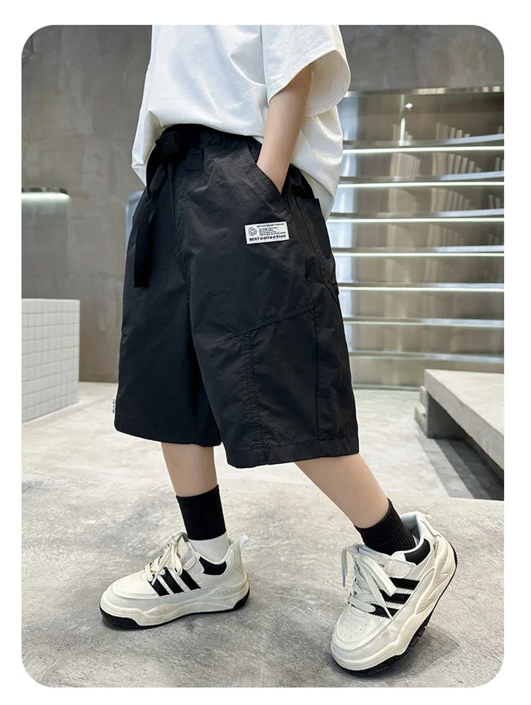 Kids Casual Solid Color Cargo Shorts for Tween Boys Khaki Black Summer Shorts Teenage Child Brief Knee-Length Pants Age 5-14Y