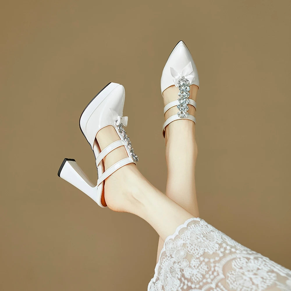 Thick High Heels Sandals Women Genuine Leather Fashion Rhinestone Bow Pointed Dress Wedding Party Dress Pumps Shoes 898-222