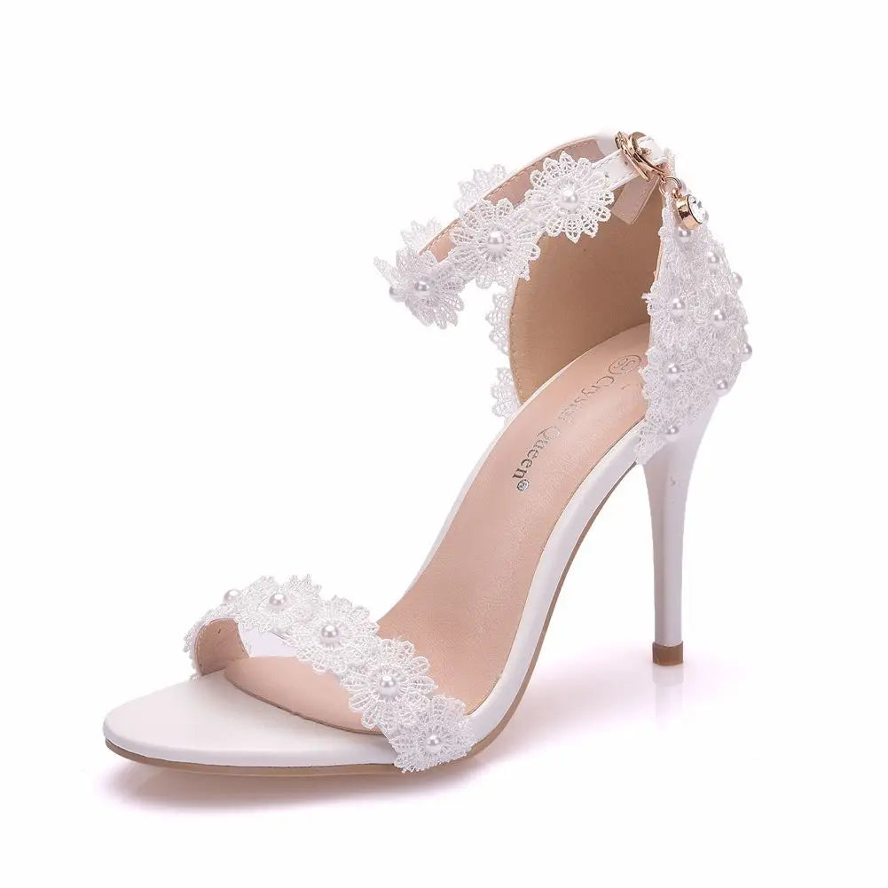 Women Shoes 9cm High Heel Sandals Summer Open toe Thin High Heels Luxury Lace Pearl Flower Wedding Shoes Bride Dress Pumps 34-43