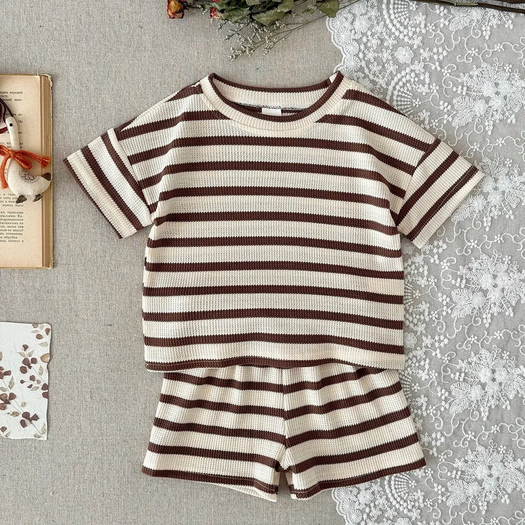 Summer Baby Clothes  Beige Color Boys Striped  T-shirt Shorts Set Breathable Girls Vest Short Sleeved Shorts Set 0-3Years