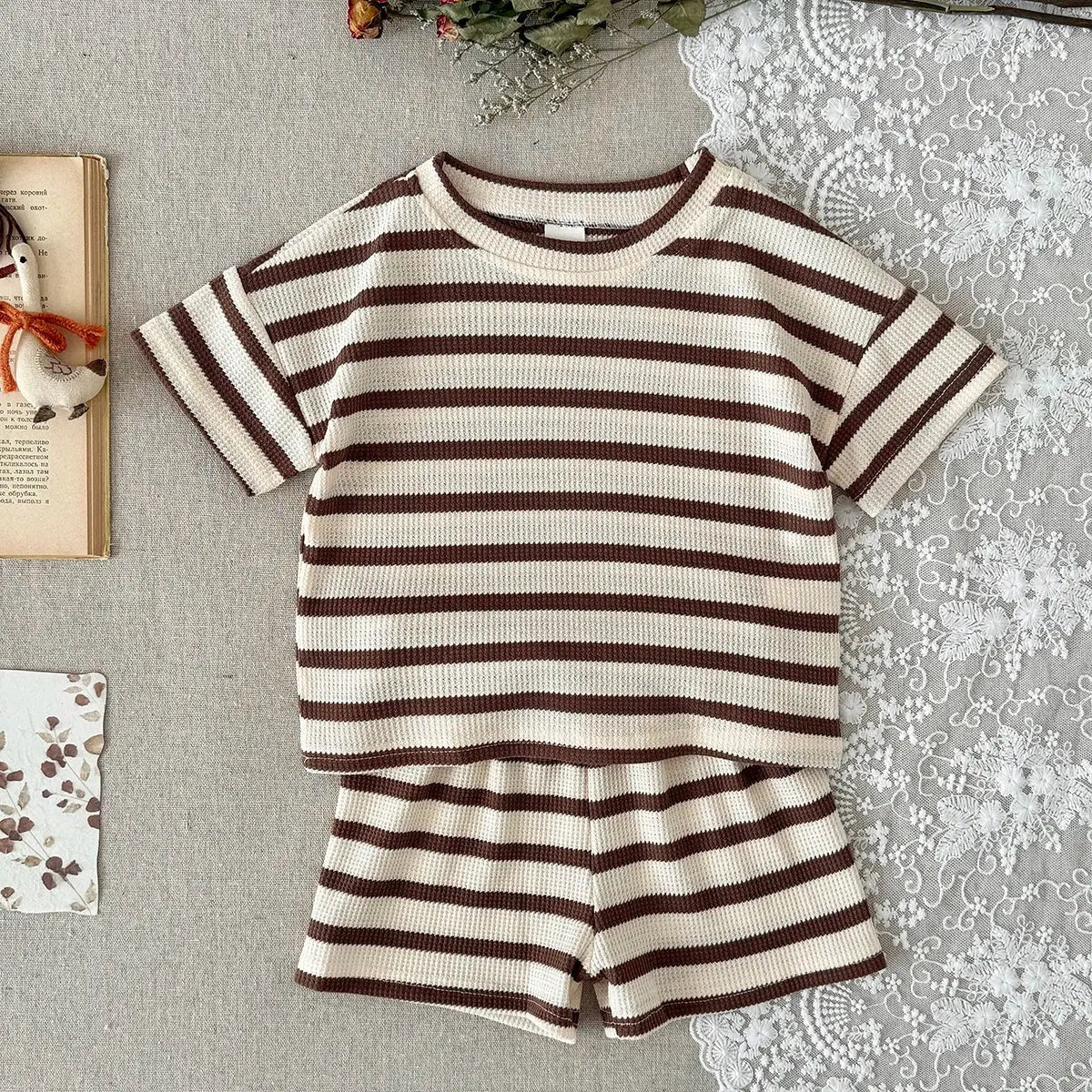 Summer Baby Clothes  Beige Color Boys Striped  T-shirt Shorts Set Breathable Girls Vest Short Sleeved Shorts Set 0-3Years
