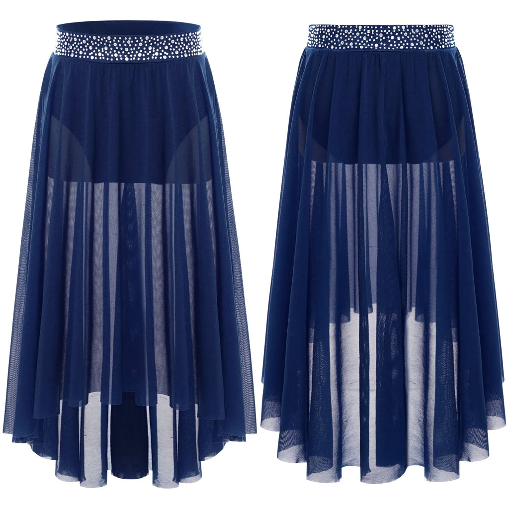 Kids Girls Lyrical Modern Dance Skirt Shiny Rhinestones Open Front Flowy Sheer Mesh Skirt with Built-in Briefs Ballet Dresses