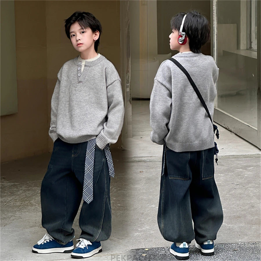 Child Minimalism Style V-Neck Sweater for Tween Boy Beige Grey Color Knitwear Korean Kids Spring Autumn Casual Knitted Clothing