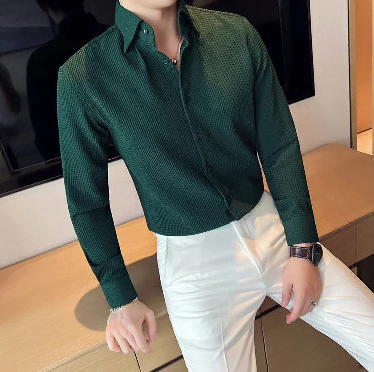 Male Shirts Green Plain Men's Shirt Business Waffle Designer Fashion 2025 Hipster Regular Elegant Slim Fit Cheap Brand Social I