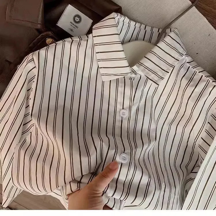 Childrens Suit Spring and Autumn New Korean Girls Fashion Leather Coat Striped Shirt Solid Color Pleated Skirt Three Piece Set