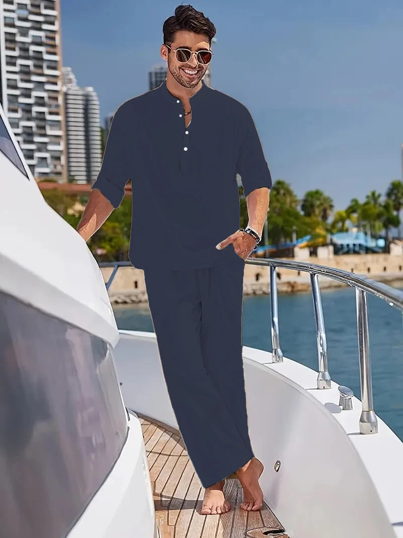 Men's White Linen Suit Set Long Sleeve Henley Shirt and Elastic Waist Pants Two Piece Outfit Summer Casual Comfortable