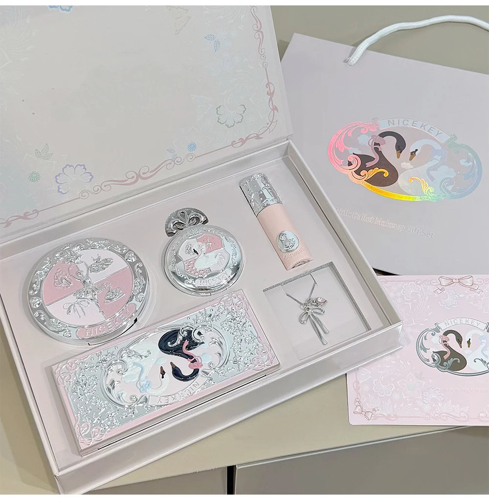 NICEKEY Pink Ballet Makeup Box Include 1*Lip mud,1*Pressed Powder,1*Highlight Powder,1*Eyeshadow Palette Powder With Necklace