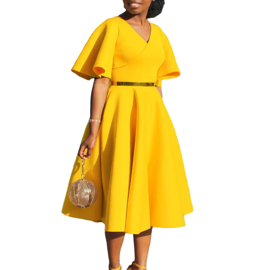 Summer Fashion African Women V-neck Polyester Short Flare Sleeve Red Black Pink Knee-length Dress African Dresses for Women