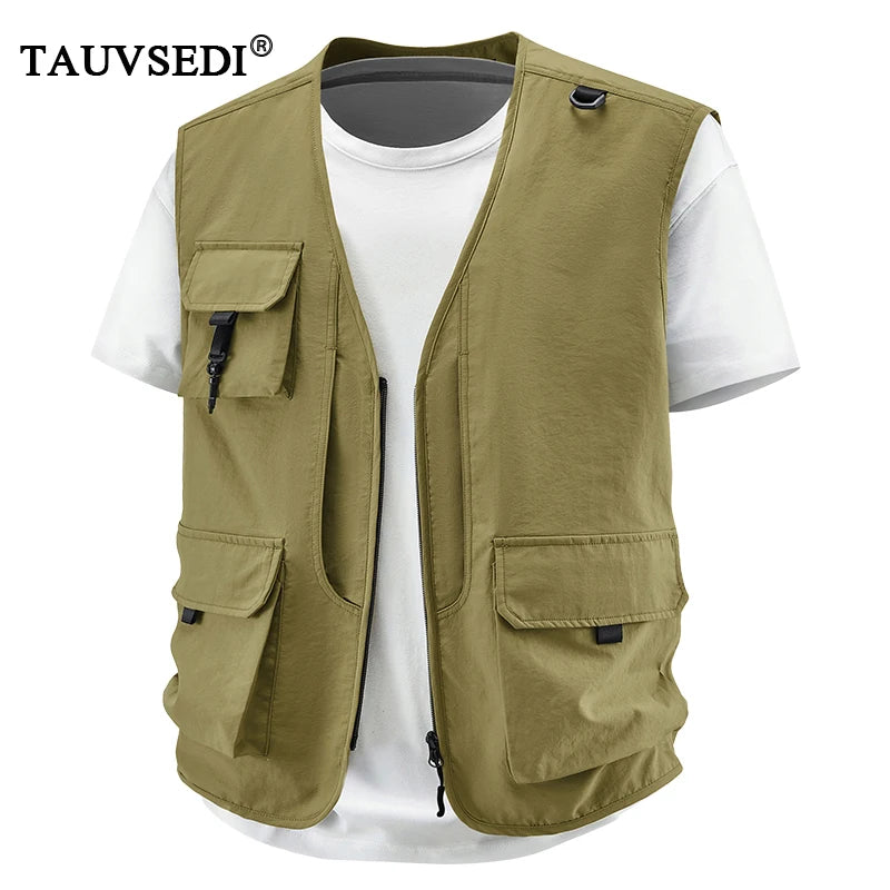 Summer Men Breathable Outdoor Sleeveless Vest Man Multi Pocket Sport Cargo Vest Man Fish Work Safari Vest Waistcoat Big Size 6XL