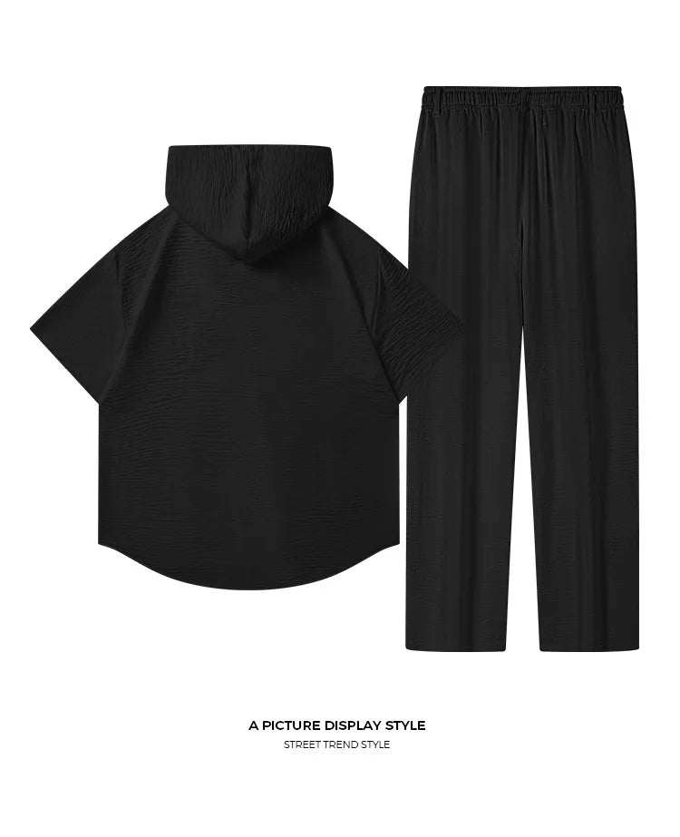 Men's Sport Casual Suit - Stylish and Handsome, with A Hooded, Pleated Short-sleeved Shirt and Loose-fitting Trousers.