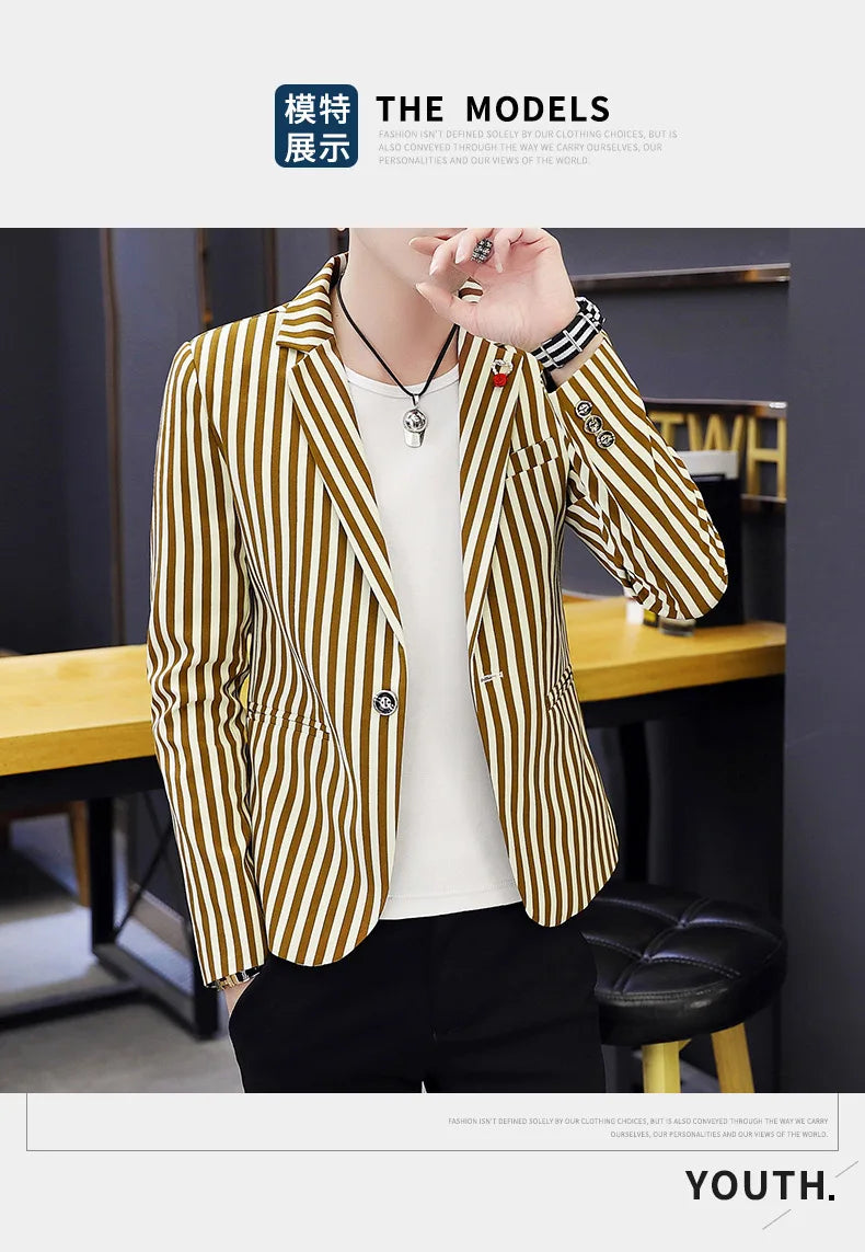 Mens Blazer Jacket 2022 New Suit Male Casual Korean Style Trendy Slim Striped Student Small Suit Jacket Hair Stylist Single Top