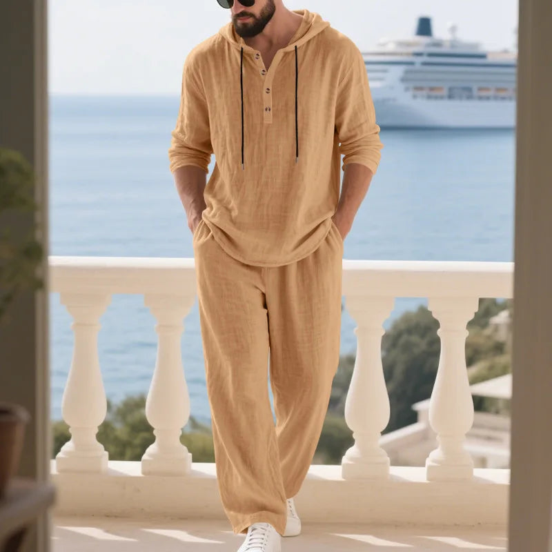 Men's Linen Hooded Sets 2 Piece Outfit Summer Casual Long Sleeve Hoodie and Wide Leg Pants Set for Men