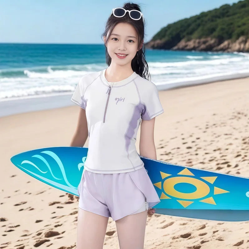 Summer New Girls Swimwear Teen Conservative Two Piece Sports Swimsuit for Developing Youth