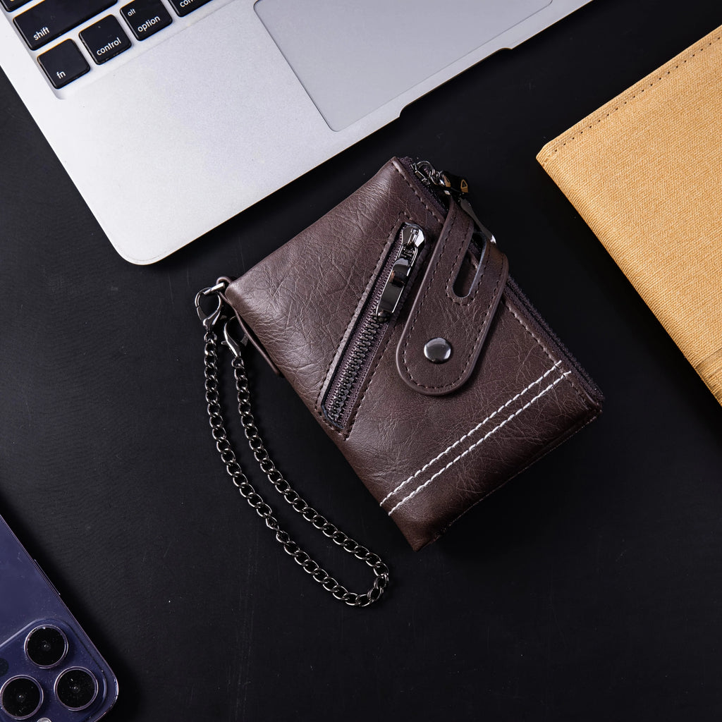 New Men's Chain Wallet RFID Anti-Theft Men's PU Leather Wallet Double Zipper Coin Purse Credit Card Holder for Men and Women
