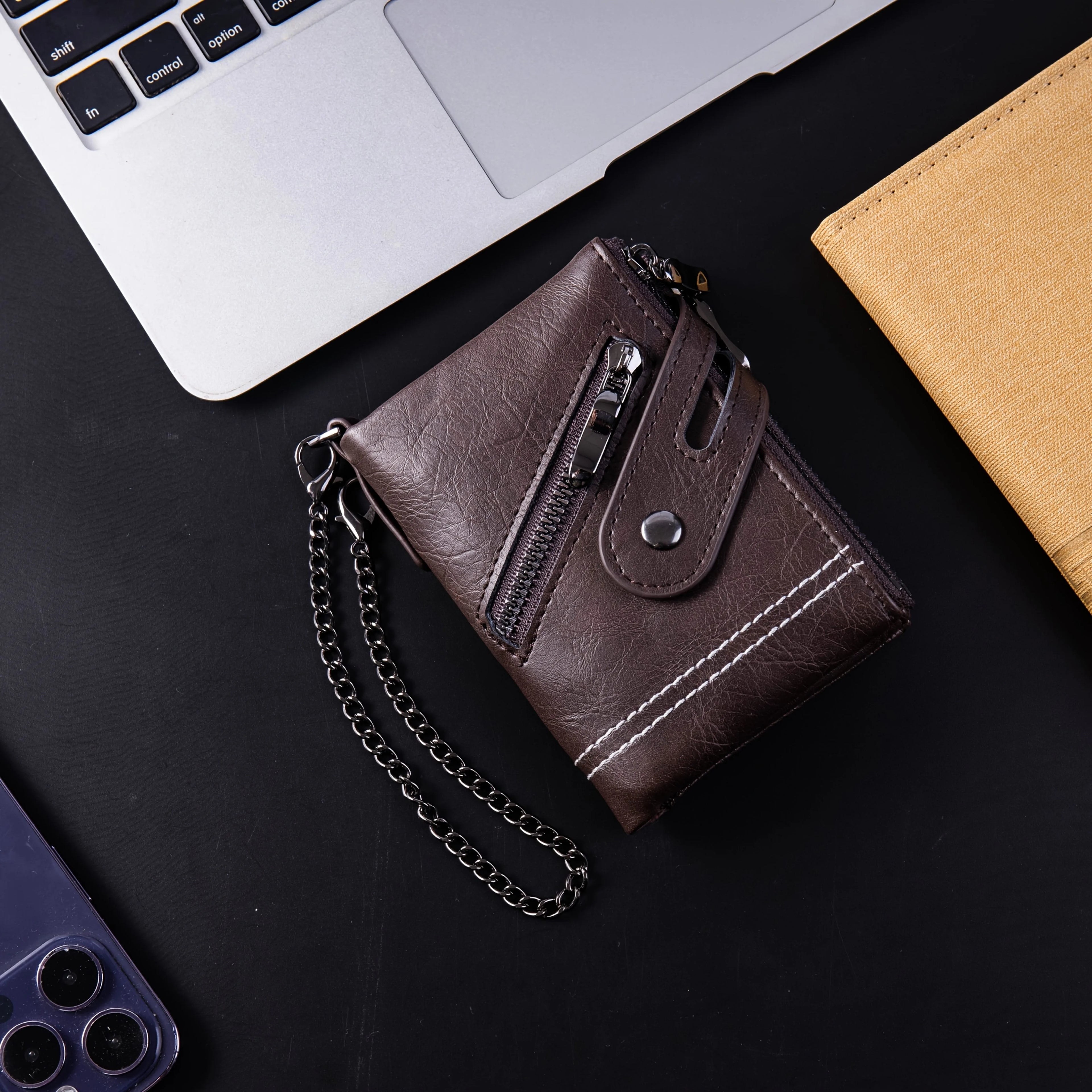 New Men's Chain Wallet RFID Anti-Theft Men's PU Leather Wallet Double Zipper Coin Purse Credit Card Holder for Men and Women