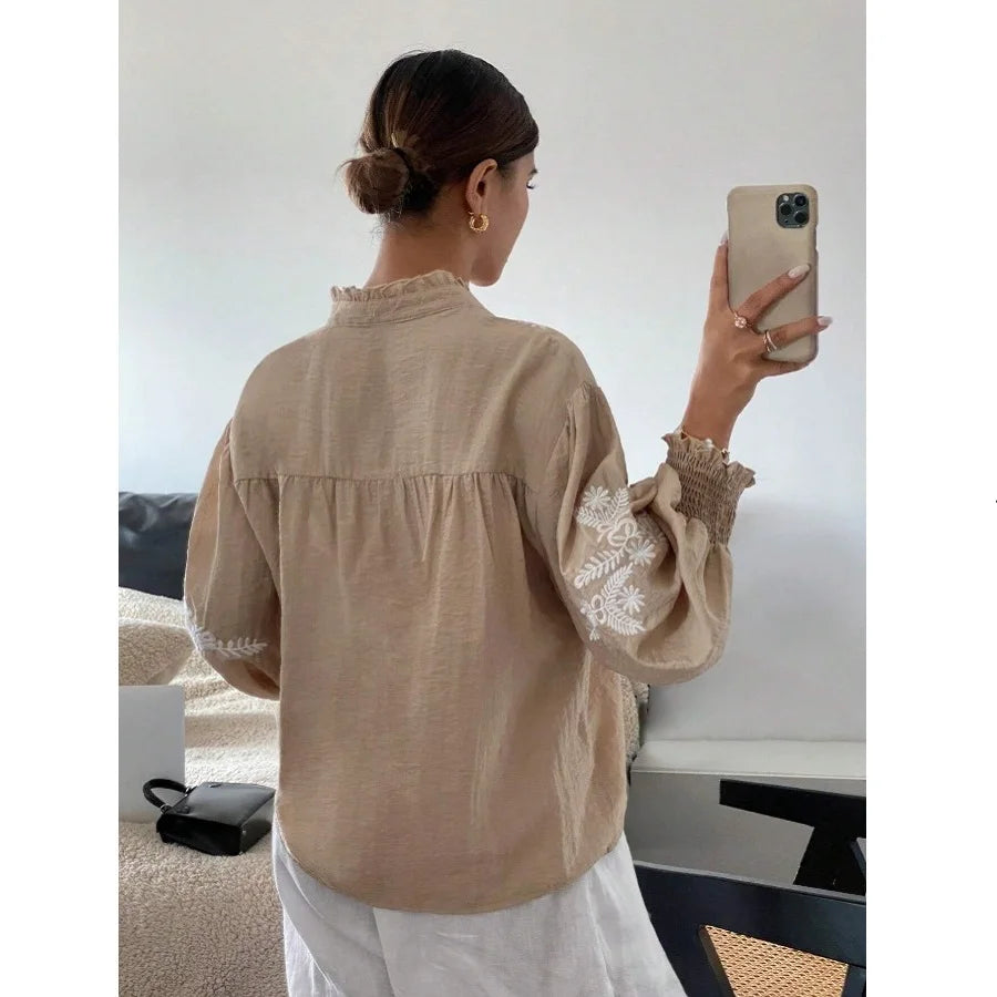 Women Autumn Single Breasted V-neck Blouses and Shirts Ladies Casual Embroidery Long Sleeve Shirt Tops