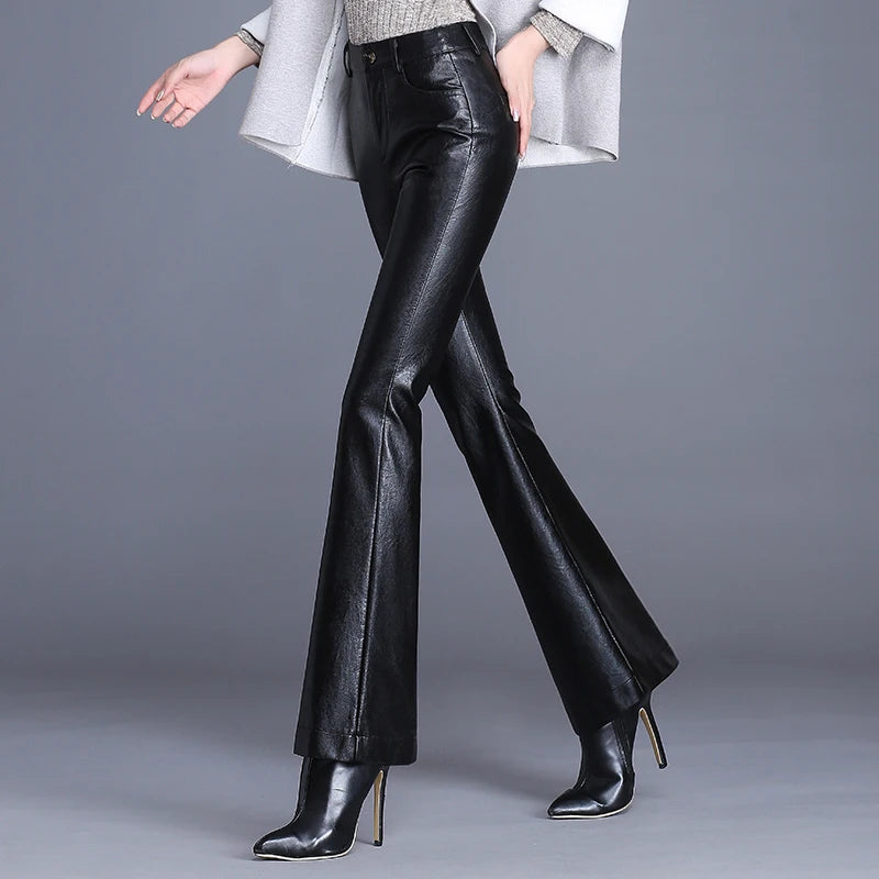 Women PU Leather Flared Trousers Female Autumn Winter Leather Pants High Waist Slim Streetwear Trousers Motorcycle Leather Pants