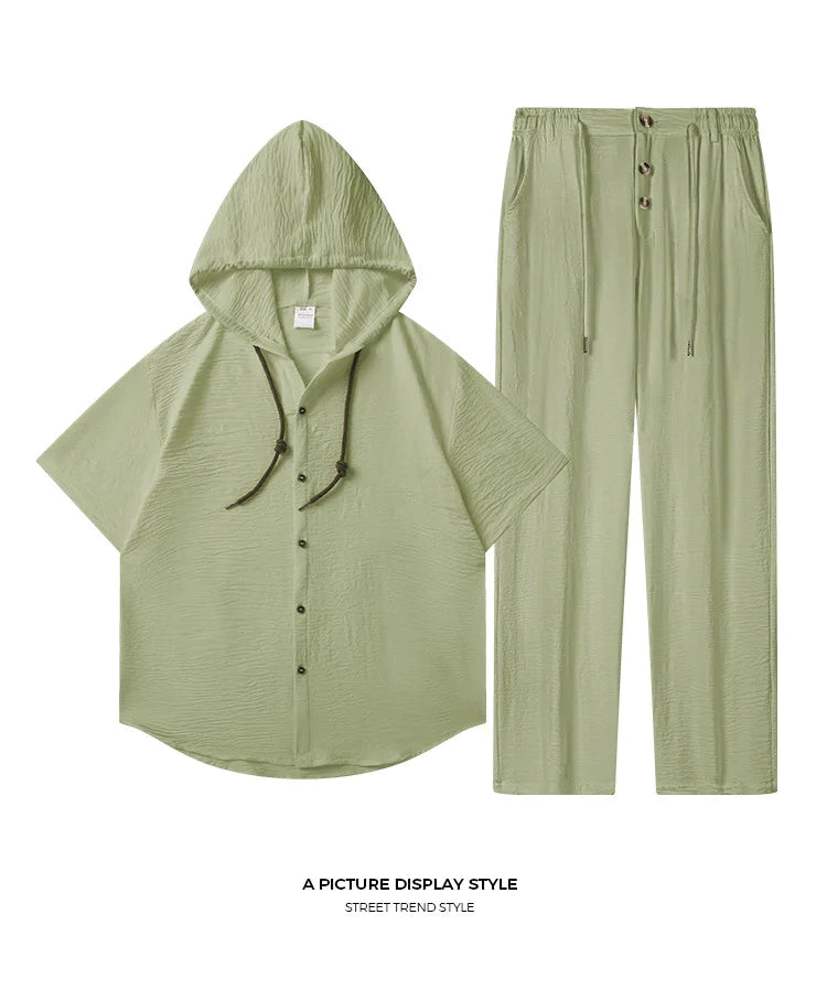 Men's Sport Casual Suit - Stylish and Handsome, with A Hooded, Pleated Short-sleeved Shirt and Loose-fitting Trousers.