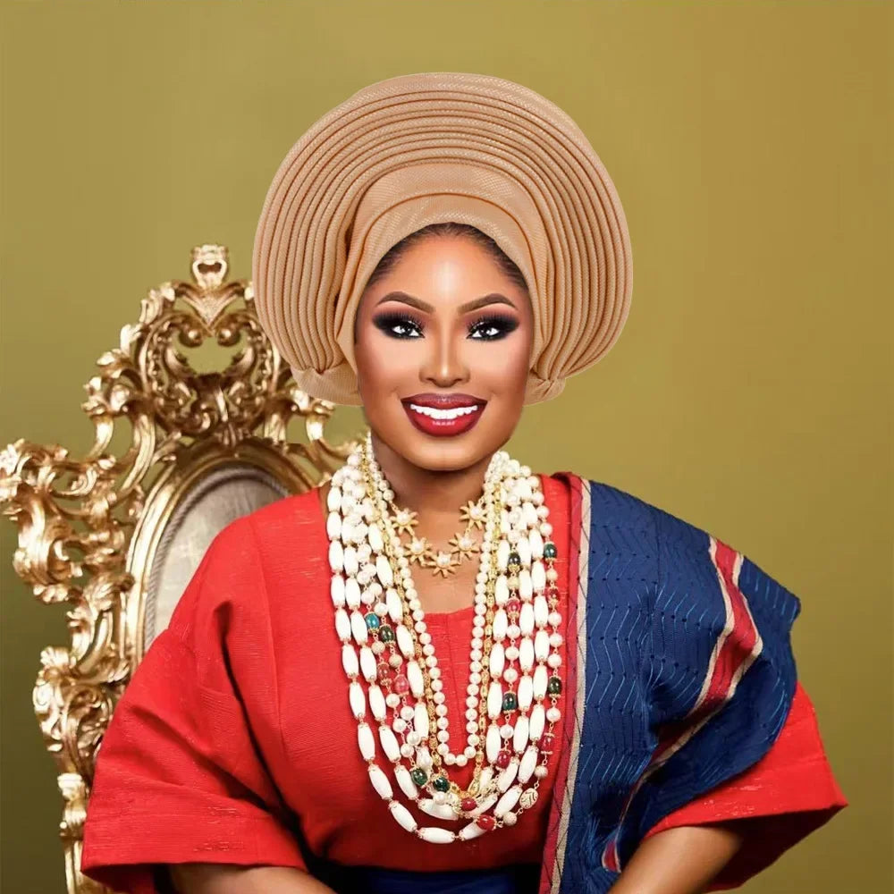 Nigeria Head Ties Wedding Party Headgear Elegant African Headtie Turban Already Made Women's Auto Gele Female Head Wraps