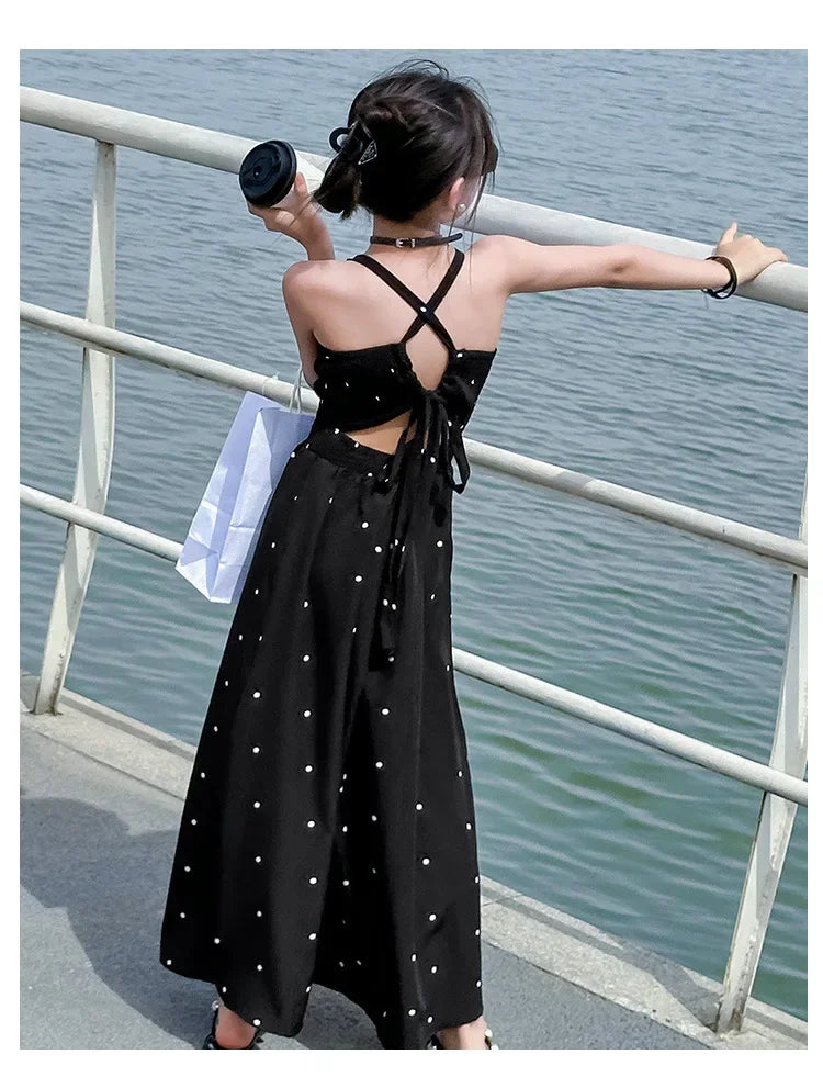 teenage girls dress design sense cross tie polka dot camisole princess dresses summer junior backless long skirt prom dresses 12