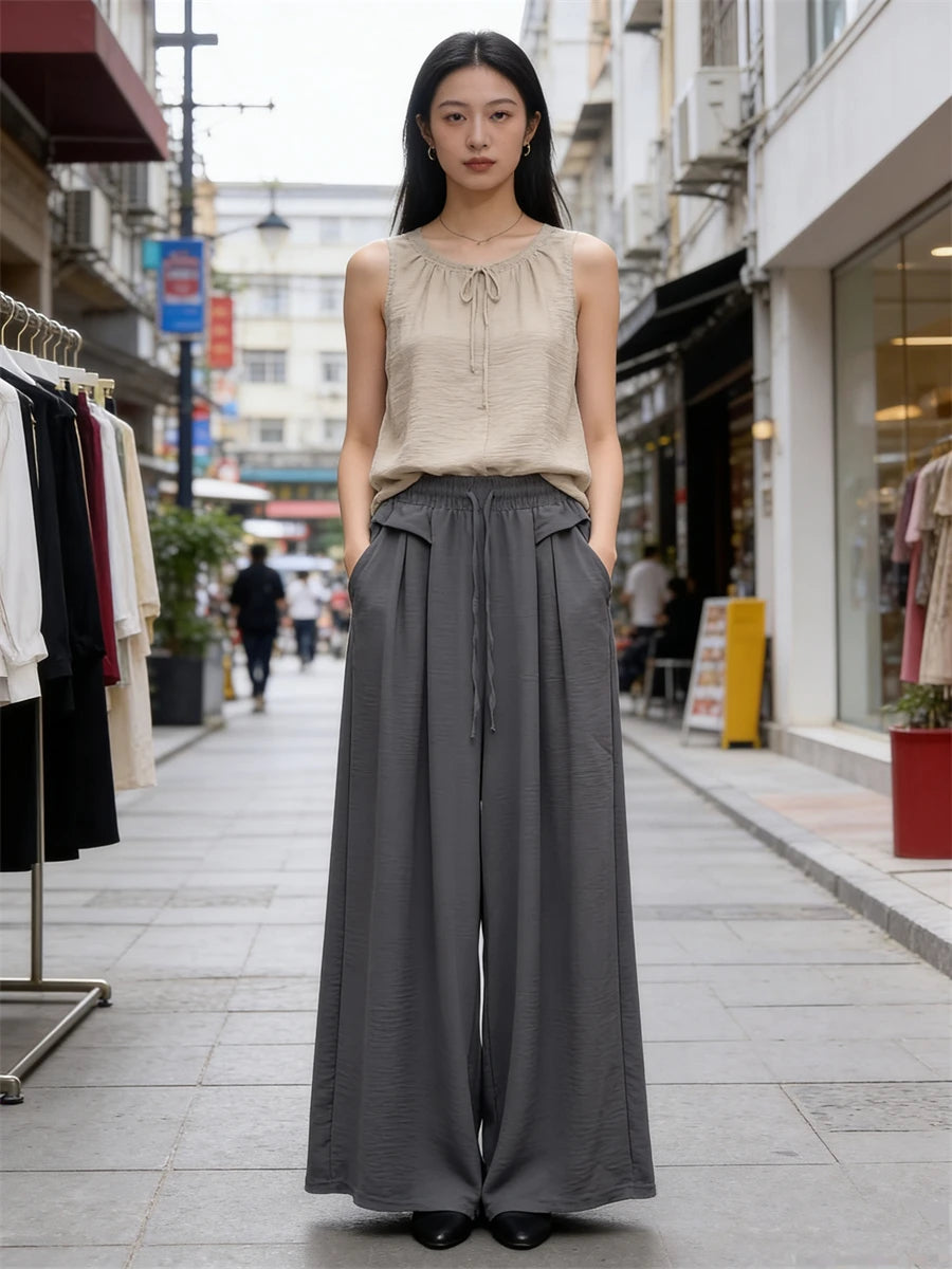 Women's Trousers New Fashion Solid Color High Waist Lace Up Thin Women's Wide Leg Pants Simple Drape Loose Casual Female Pants