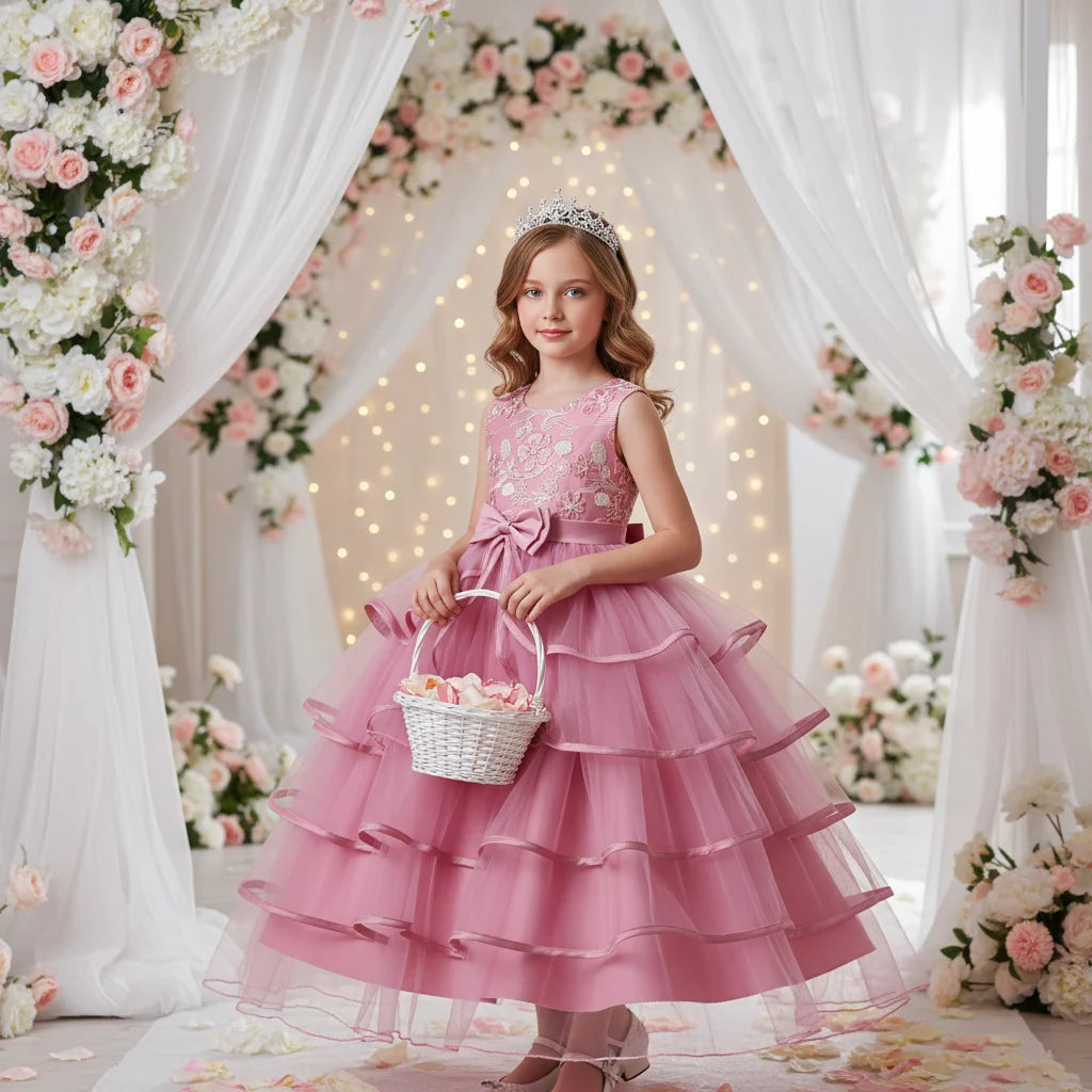 Girls Princess Dress Sleeveless Lace Embroidery Tiered Tulle Bow Formal Evening Gown for Wedding Birthday Party Christmas