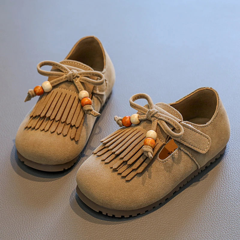 Girls' All-inclusive fringed Boken shoes 2025 Autumn Edition Soft-soled little girl princess Shoes Children's Bean single shoes