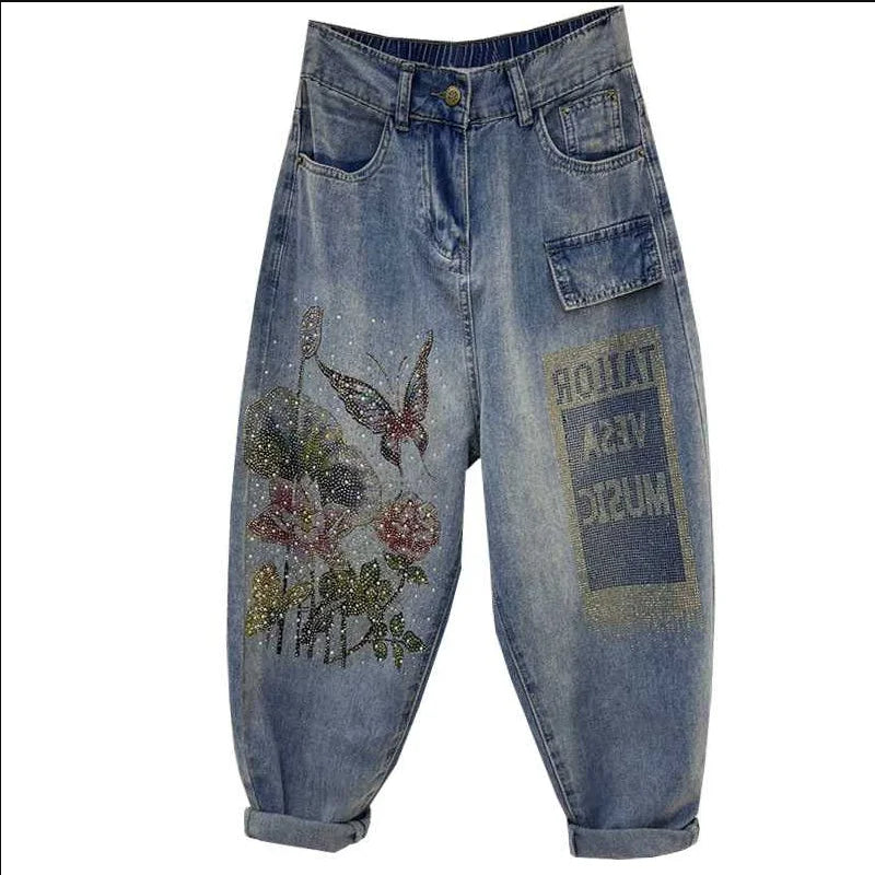 Baggy Jeans Women Printed Rhinestones Jeans Mujer 2023 Spring New Loose Casual Cropped Pants Ankle-Tied Harem Pants Female