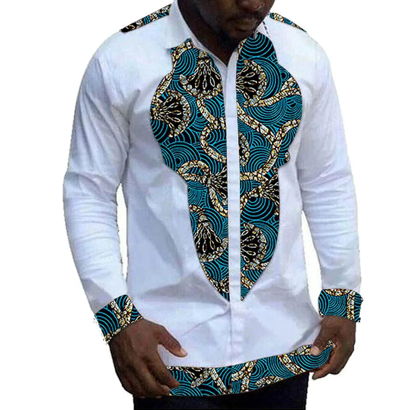 Nigerian Fashion White Men's Shirts Modern Design Casual Shirt Patchwork Long Sleeved Lapel Top African Couture Party Wear