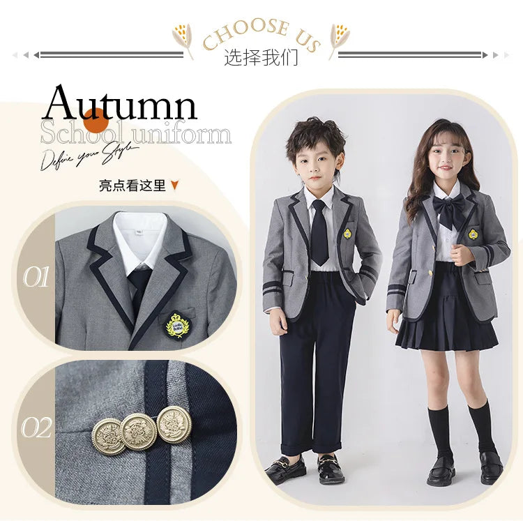 Child School Uniform Girls Korean Japanese Navy Jacket Pleated Skirt Boys Formal Dress Suits Kids Student Clothes Class Sets