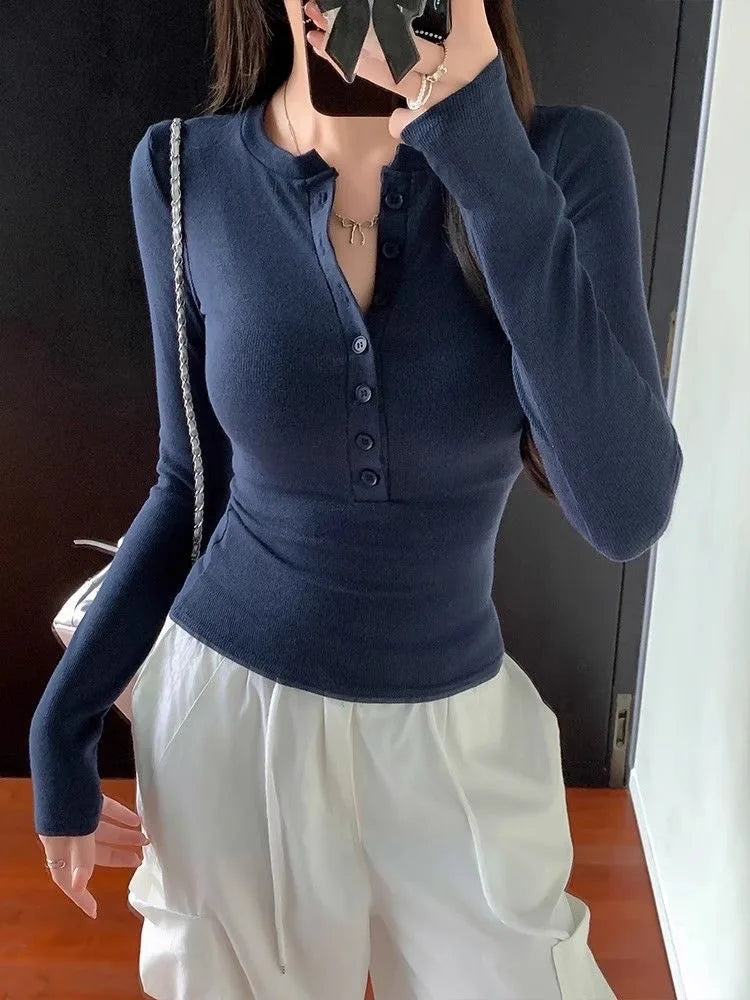 Sexy and Pure Button Up Long Sleeved T-shirt for Women, V-neck Slim Fit Bottom Top