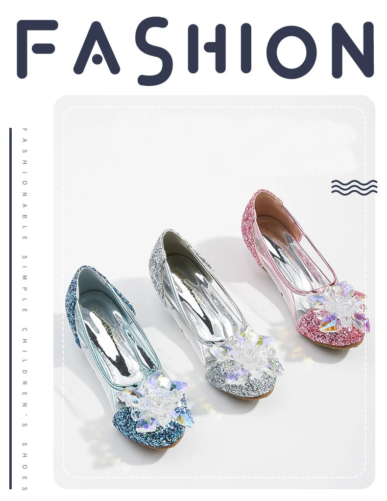 Pink Blue Princess Dance Shoes for Girls Low Heels for Kids Birthday Party Glitter Crystal Diamond Shoe Child Gown Leather Shoes