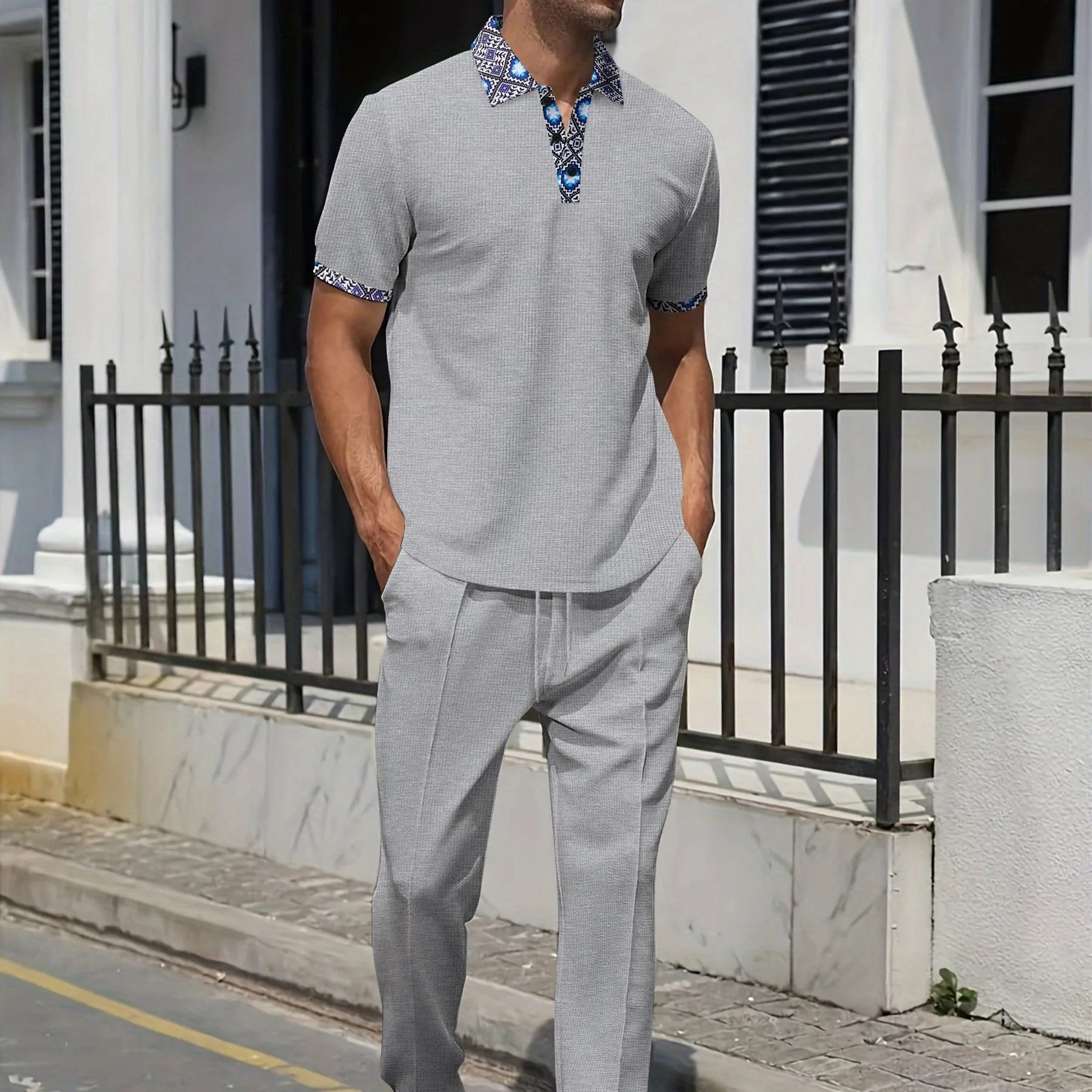 Men's Summer Fashion Set: Color-block Contrast Collar T-shirt + Straight-leg Pants, Trendy and Versatile