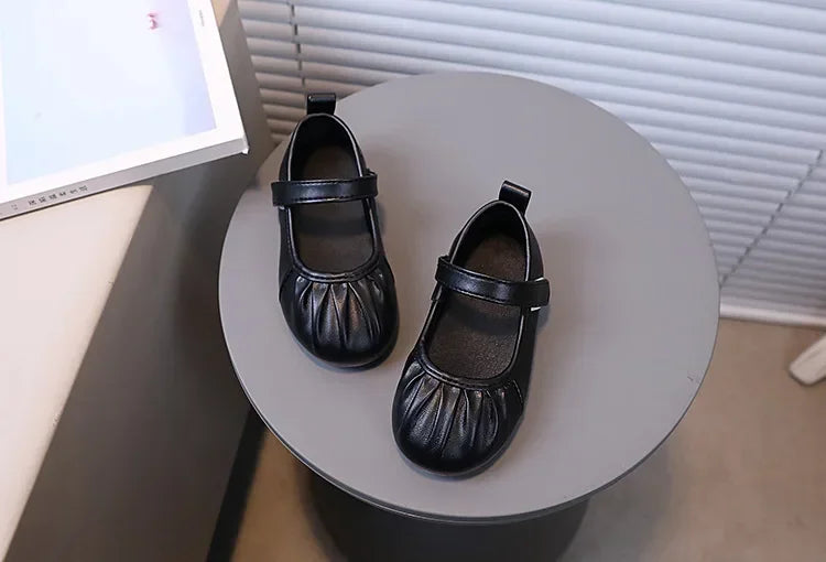 Girls Soft Sweet Princess Dance Shoes for Party Wedding Children's Fashion Pleated Leather Shoes Kids New Chic Solid Color Flats