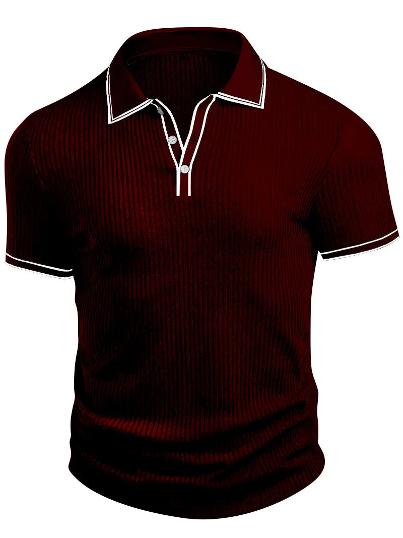 Men Ribbed Knit Polo Shirt Short Sleeve Turn Down Collar Contrast Trim Button Placket Slim Fit Casual Top