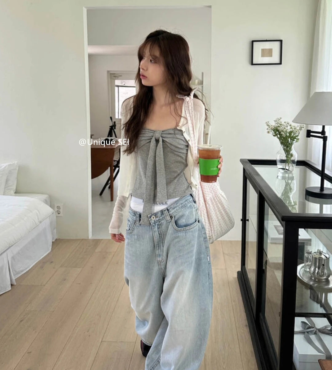 Summer Spicy Girl  Knot Tie Neck Vest Top Washed Denim Blue Women's Fashion Straight Cut Outerwear Short Length