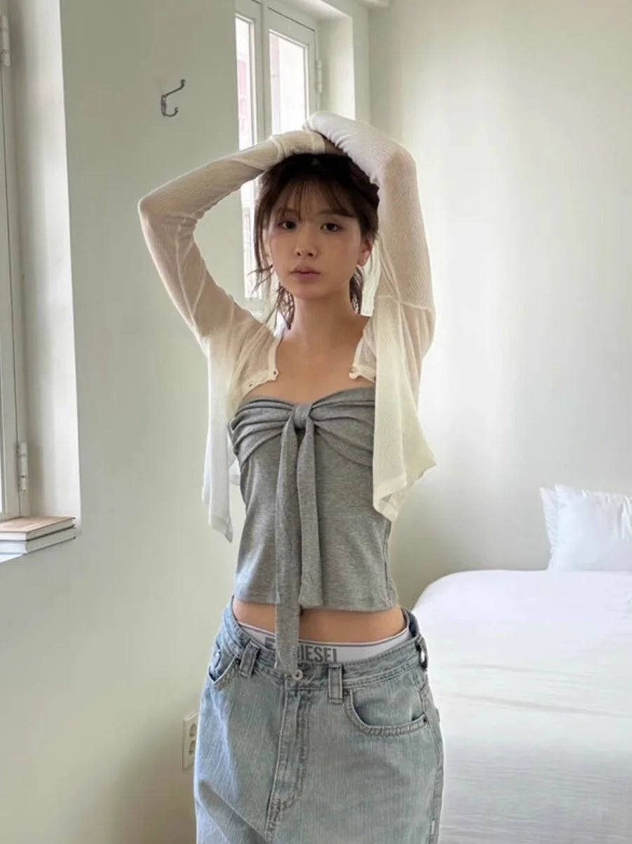 Summer Spicy Girl  Knot Tie Neck Vest Top Washed Denim Blue Women's Fashion Straight Cut Outerwear Short Length