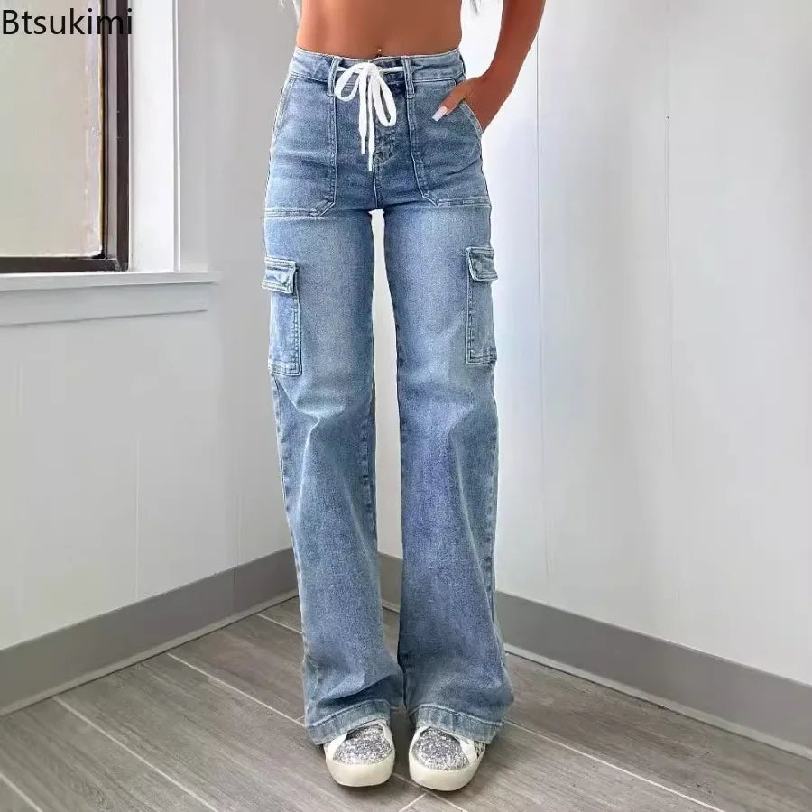 2026 Women's Casual Straight Leg Jeans Pants Fashion Style Belt and Multiple Pockets Functional Work Pants Female Cargo Trousers