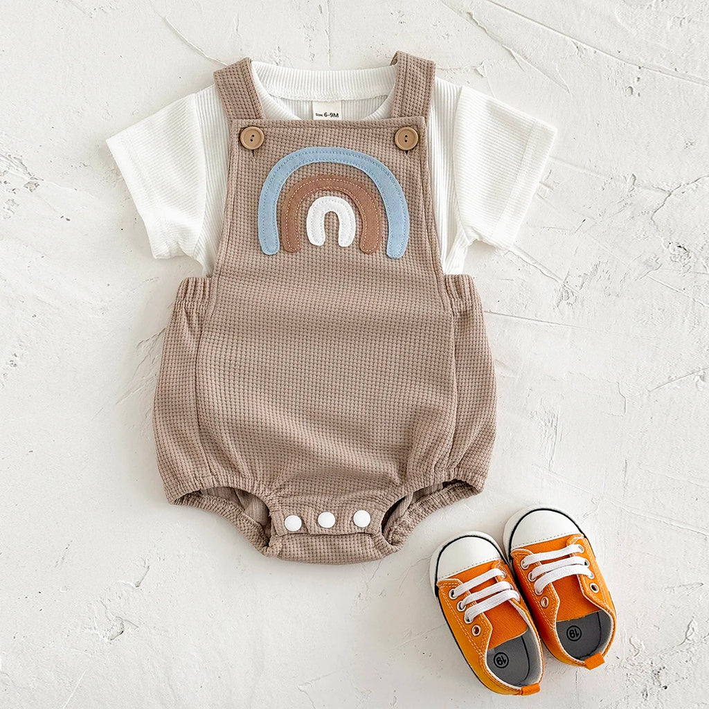 INS Summer Baby Girls Clothes Bear Patchwork Romper Baby Boys Bodysuit Clothes+White T-shirt Newborn 0 to 18 months 2Pcs/Set