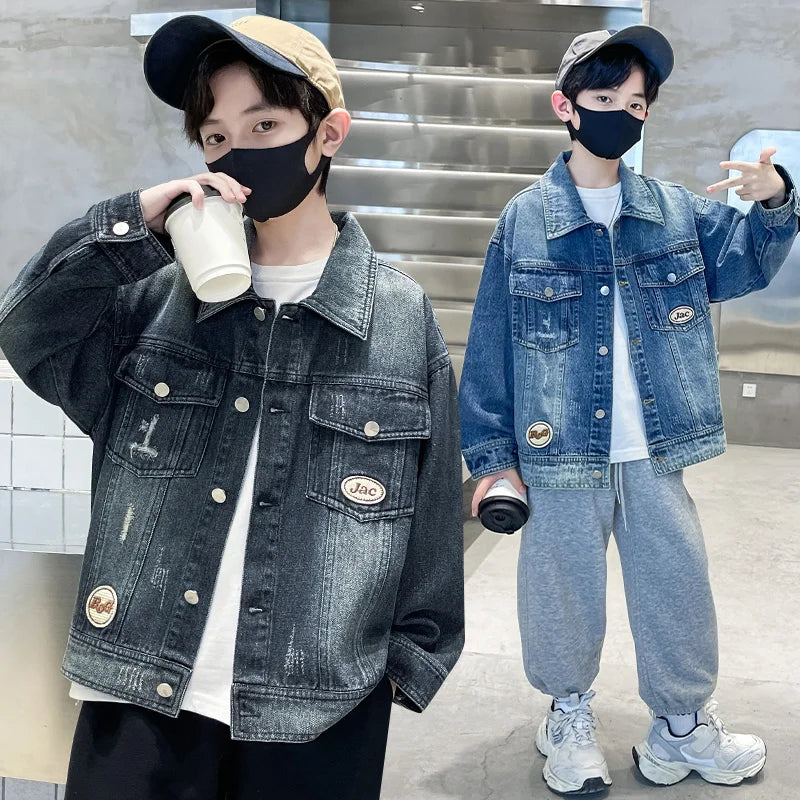 Kids Luxury Clothing Black Blue Denim Jacket for Teenage Boy Spring Autumn Ripped Denim Jacket Coat Child Casual Outfit Age 5-14