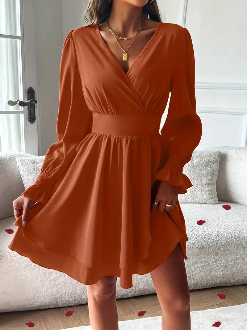 Summer New Dresses 2026 Woman Clothing V-Neck Lantern Sleeve Wrap Mini Dress Ruched Waisted Dress Elegant for Spring Party Dress
