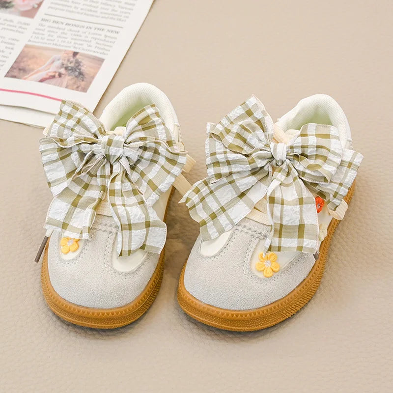 2026 New Girl Casual Sports Shoes Fashion Plaid Bowknot School Cute Flower Children Tennis Shoes Running Kids Patchwork Sneakers