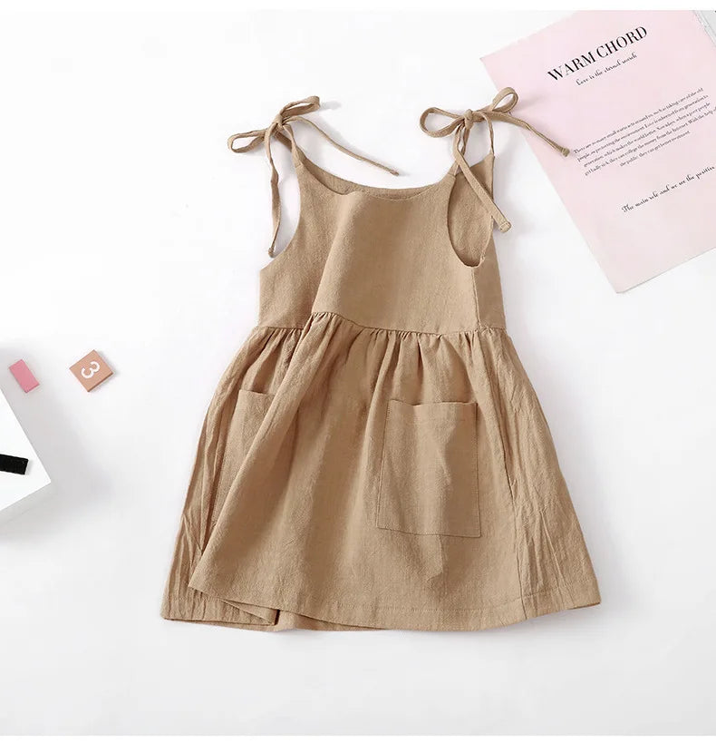 Summer Toddler Girl Dress Sleeveless Cotton Kids Beach Dress with Pocket