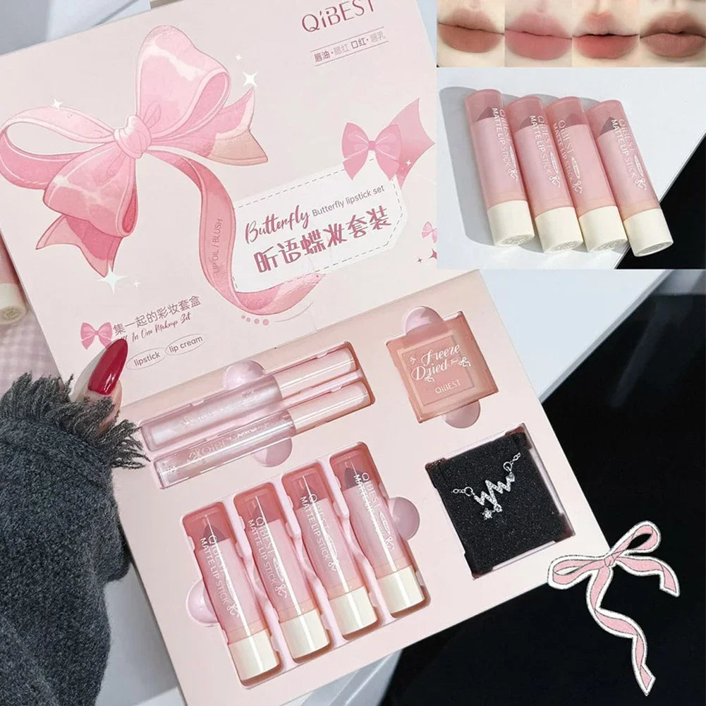 8Pcs Makeup Set Include 4pcs Velvet Nude Matte Liquid Lipstick And 1pc Face Blush Palette With Necklace Gift Cosmetics