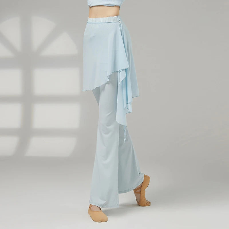 Modern Dance Pant Women Long Microflared Latin Trousers Mesh Wrap Skirt Classical Practice Costume Stage Line Dancewear Female