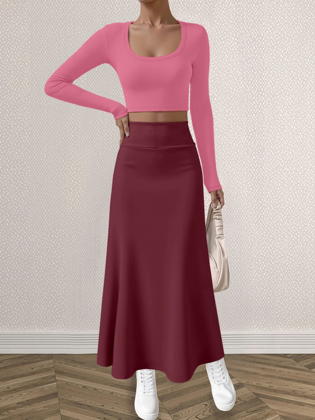 Mature Style Women 2Pcs Outfit, Ribbed Square Neck Crop Top + High Waist Draped A-Line Maxi Skirt