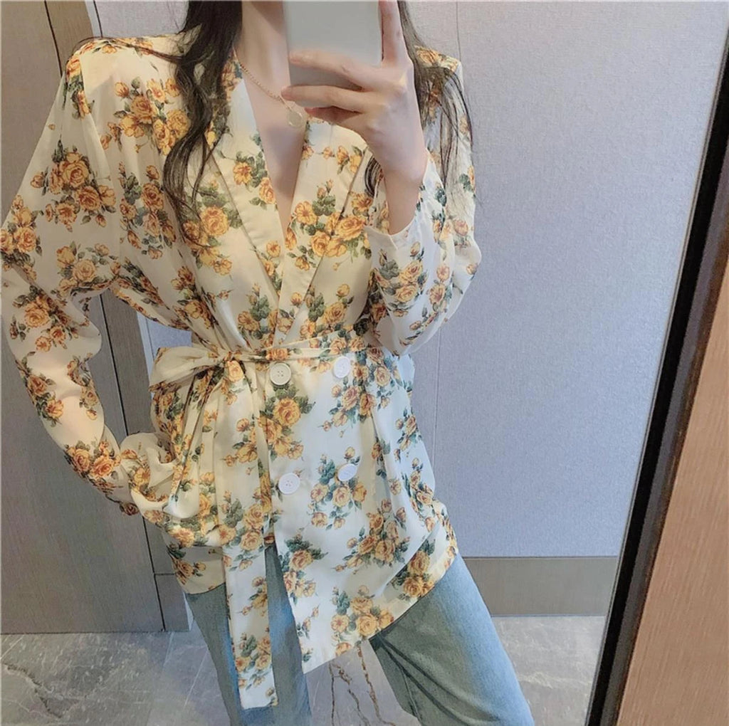 Women's Shirts And Blouses Button Up Top For Woman With Bow Clothing Floral Loose Sleeves Y2k Elegant Youth Xxl Stylish M